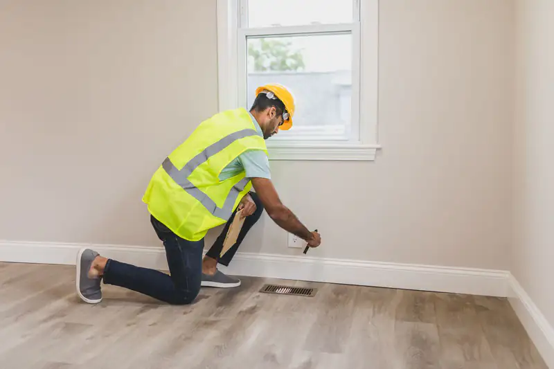 Worker in a hard hat and safety vest examining the corner of an empty room