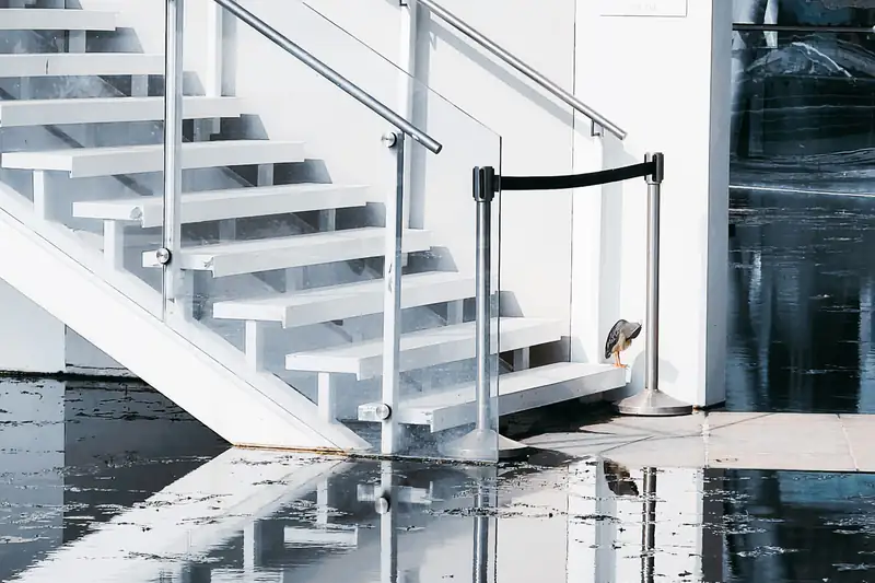 Standing flood water covering a concrete floor at the foot of a staircase
