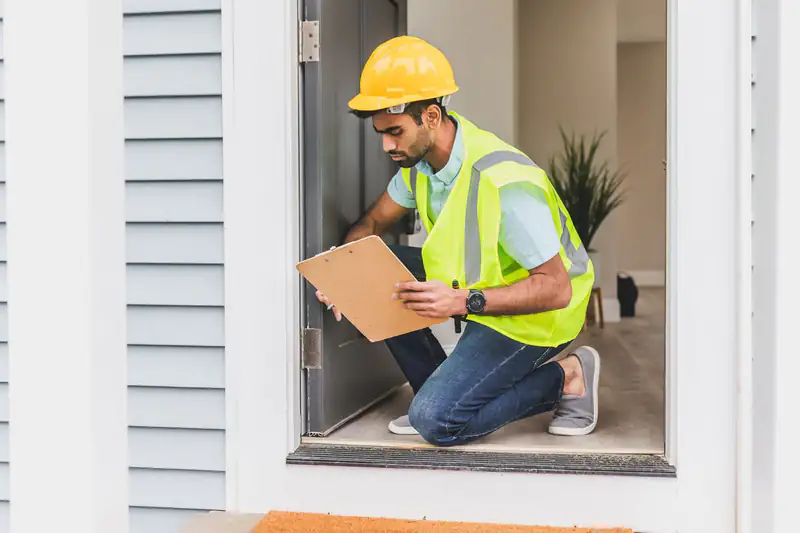 Inspector in a hard hat and safety vest kneeling to check a wall at floor level