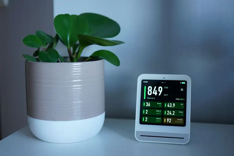 Indoor air quality monitor showing CO2 and PM2.5 readings beside a potted plant