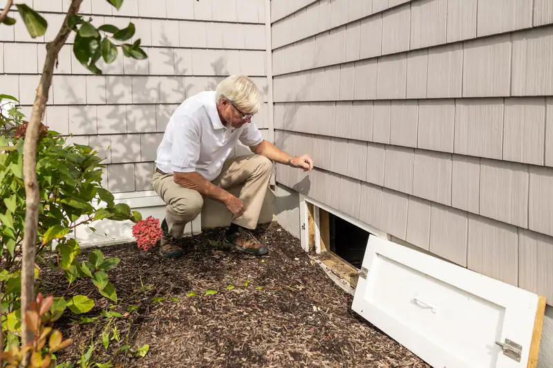 Inspector crouching beside an open crawl space access door on a house exterior