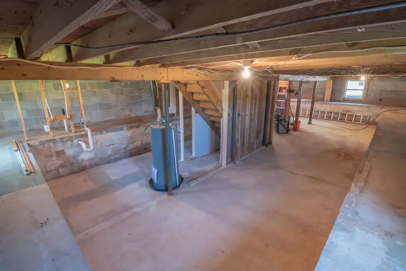 Unfinished basement with concrete block walls, plumbing pipes and a water heater